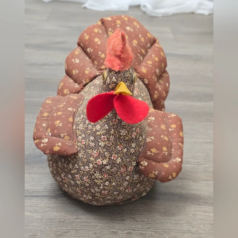 Handmade 1970s Vintage Chicken Quilted Brown Small Floral Prints Decor Farmhouse